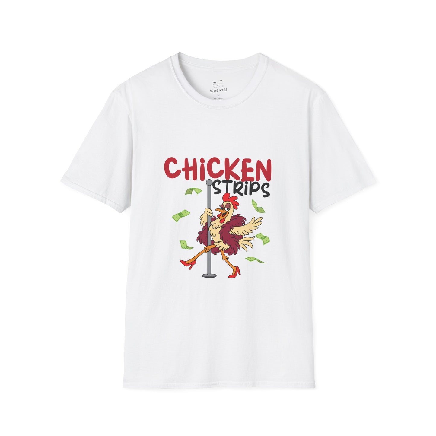 Humorous cartoon chicken wearing a fur coat and dancing on a stripper pole with dollar bills flying around, parody t-shirt design playing on the phrase ‘chicken strips.