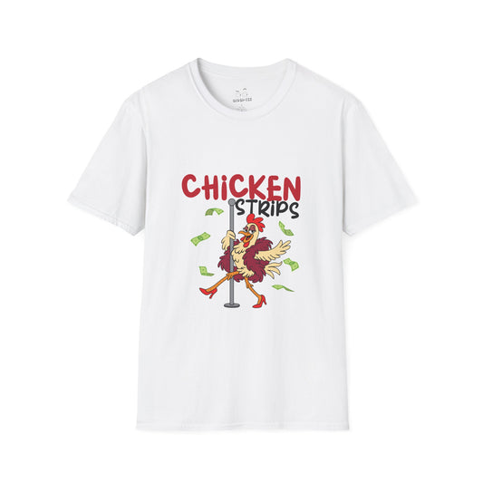 Humorous cartoon chicken wearing a fur coat and dancing on a stripper pole with dollar bills flying around, parody t-shirt design playing on the phrase ‘chicken strips.