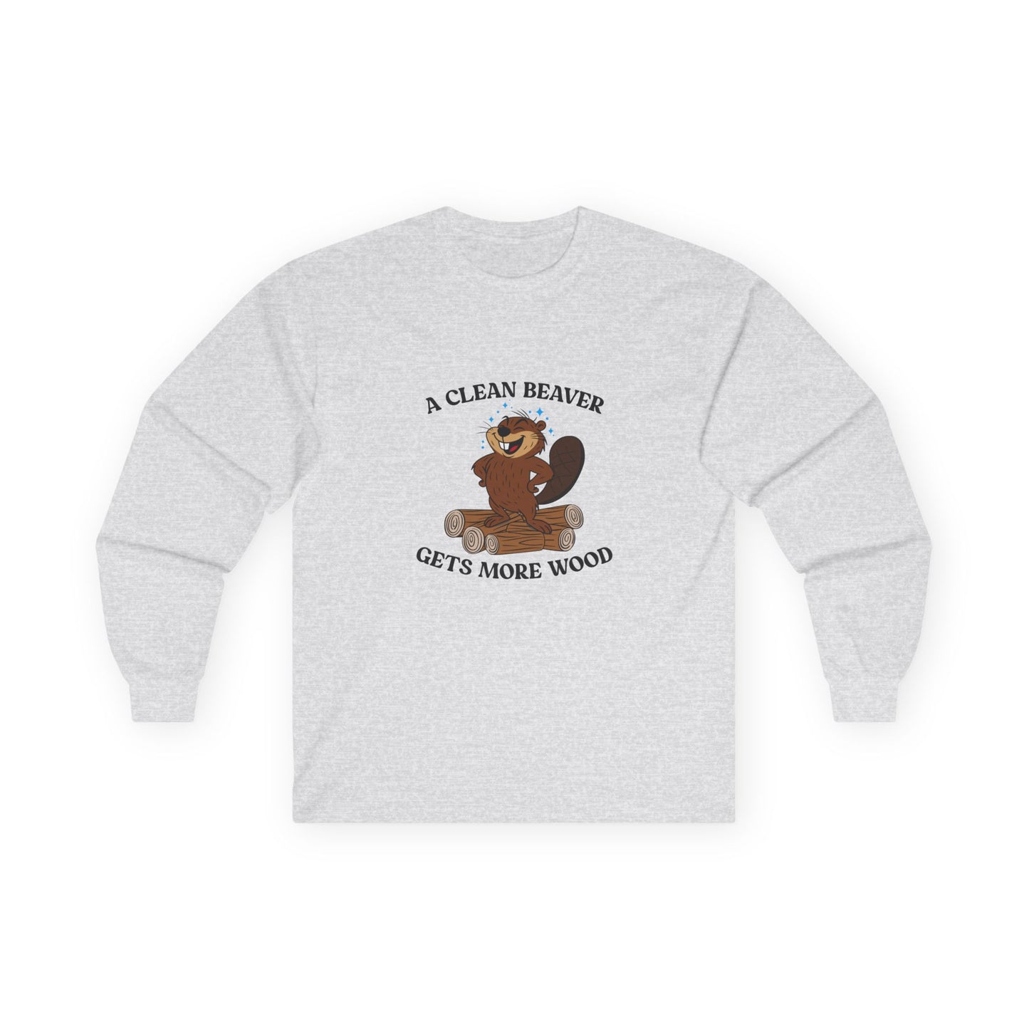 Clean cartoon beaver standing proudly on a pile of wood logs with a confident pose and humorous pun a clean beaver gets more wood shirt