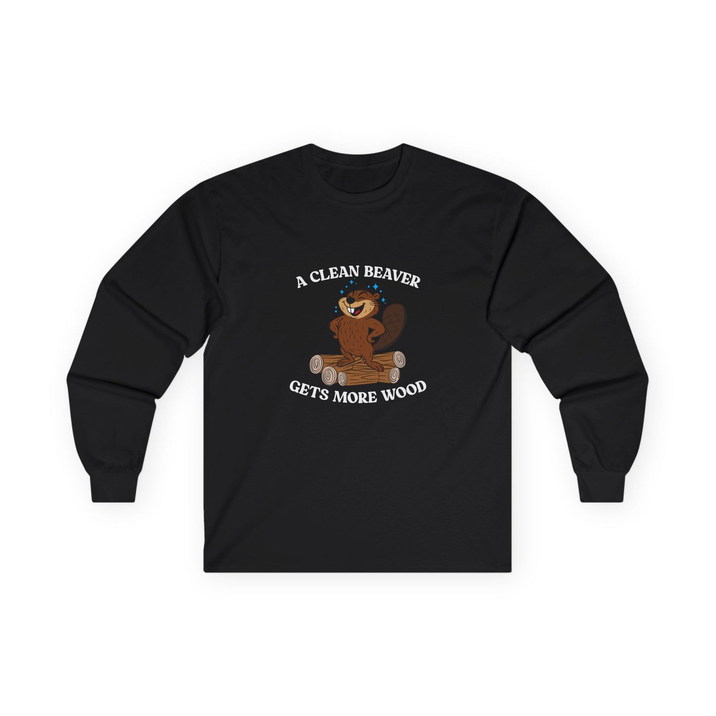 Clean cartoon beaver standing proudly on a pile of wood logs with a confident pose and humorous pun a clean beaver gets more wood shirt