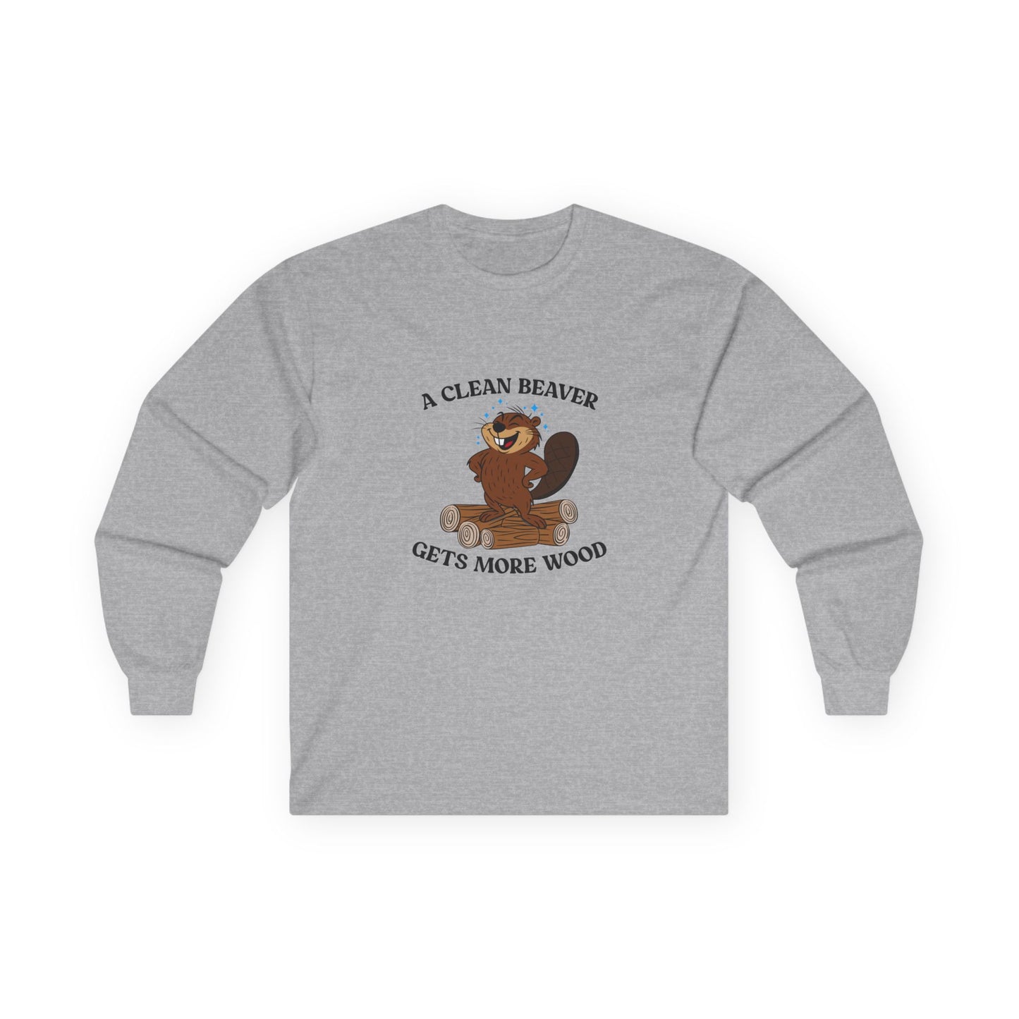 Clean cartoon beaver standing proudly on a pile of wood logs with a confident pose and humorous pun a clean beaver gets more wood shirt