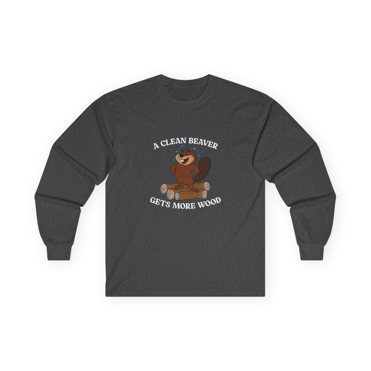 Clean cartoon beaver standing proudly on a pile of wood logs with a confident pose and humorous pun a clean beaver gets more wood shirt