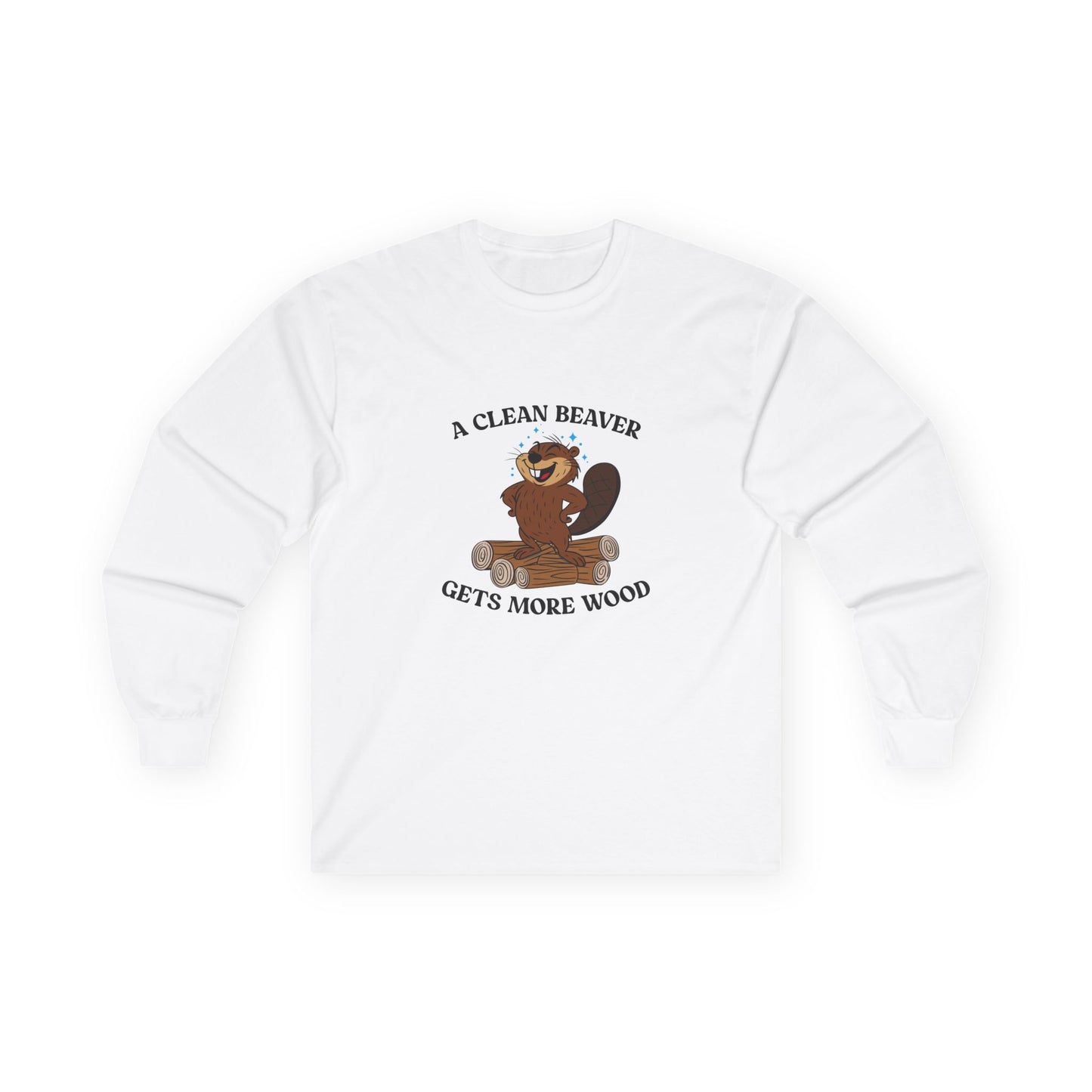 Clean cartoon beaver standing proudly on a pile of wood logs with a confident pose and humorous pun a clean beaver gets more wood shirt