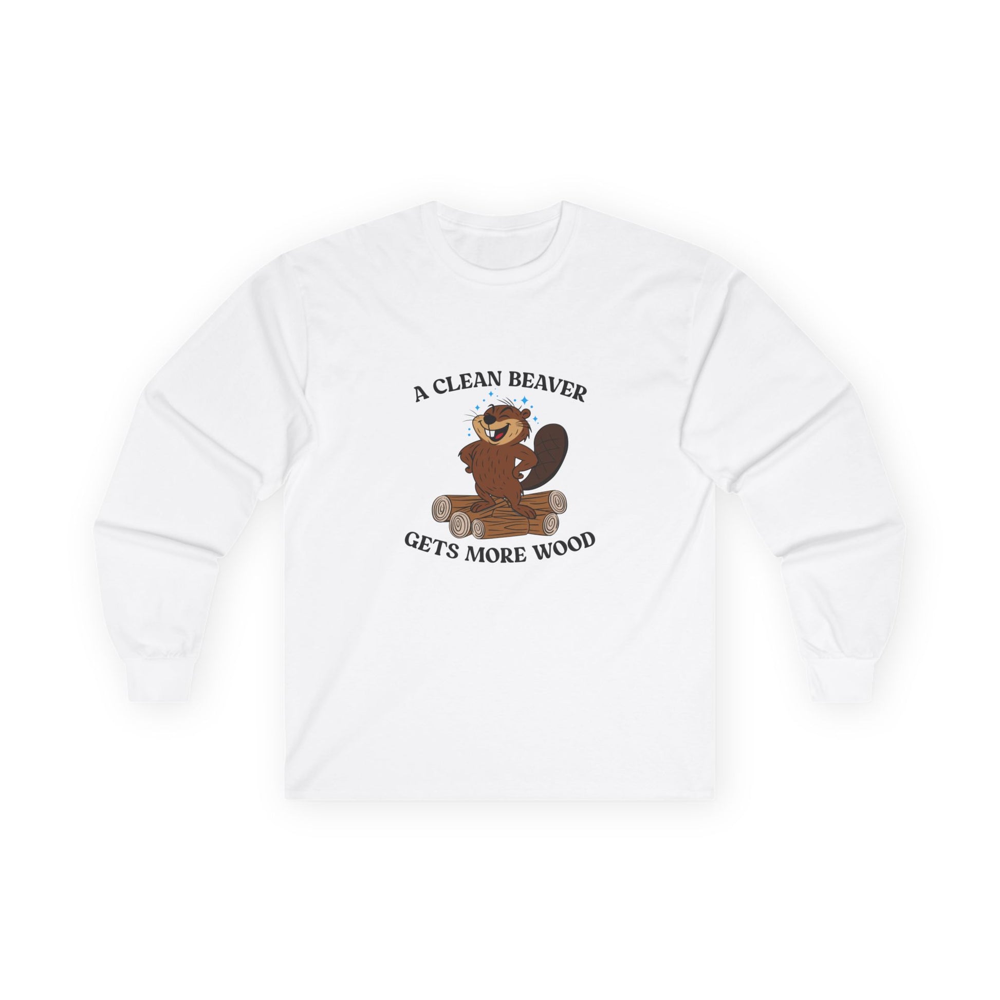 Clean cartoon beaver standing proudly on a pile of wood logs with a confident pose and humorous pun a clean beaver gets more wood shirt