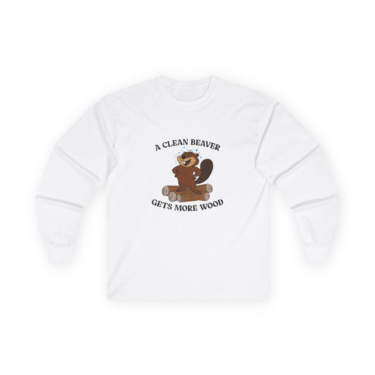 Clean cartoon beaver standing proudly on a pile of wood logs with a confident pose and humorous pun a clean beaver gets more wood shirt