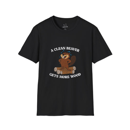 Clean cartoon beaver standing proudly on a pile of wood logs with a confident pose and humorous pun a clean beaver gets more wood shirt