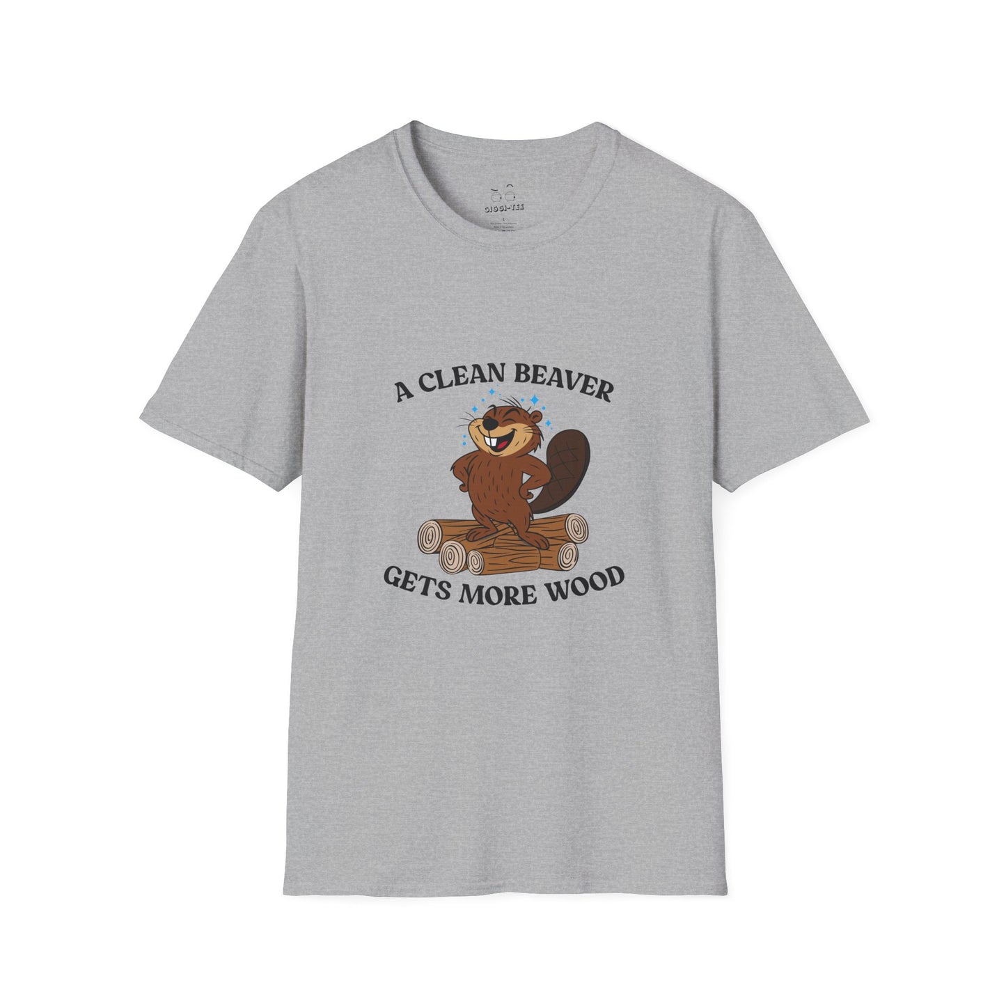 Clean cartoon beaver standing proudly on a pile of wood logs with a confident pose and humorous pun a clean beaver gets more wood shirt