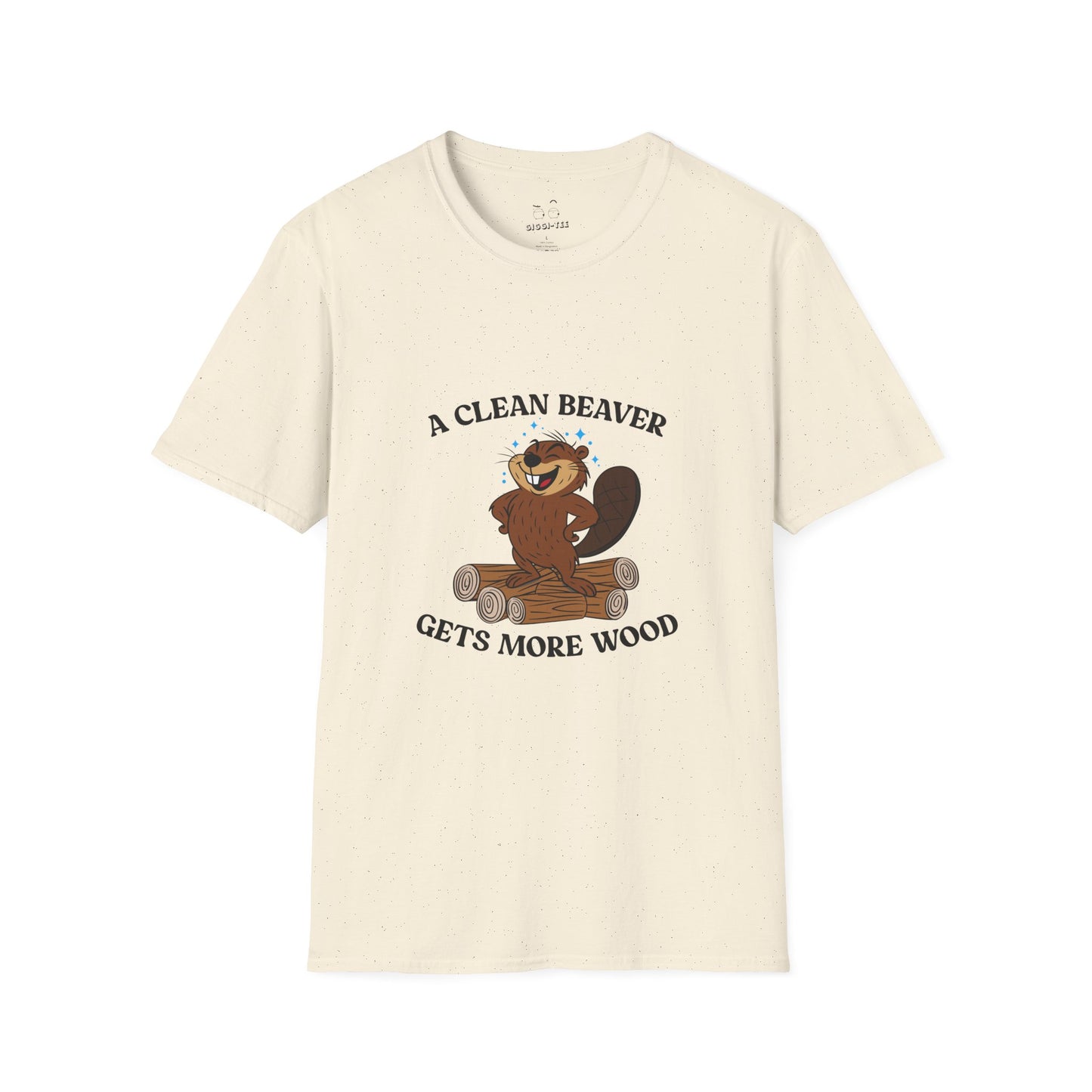 Clean cartoon beaver standing proudly on a pile of wood logs with a confident pose and humorous pun a clean beaver gets more wood shirt