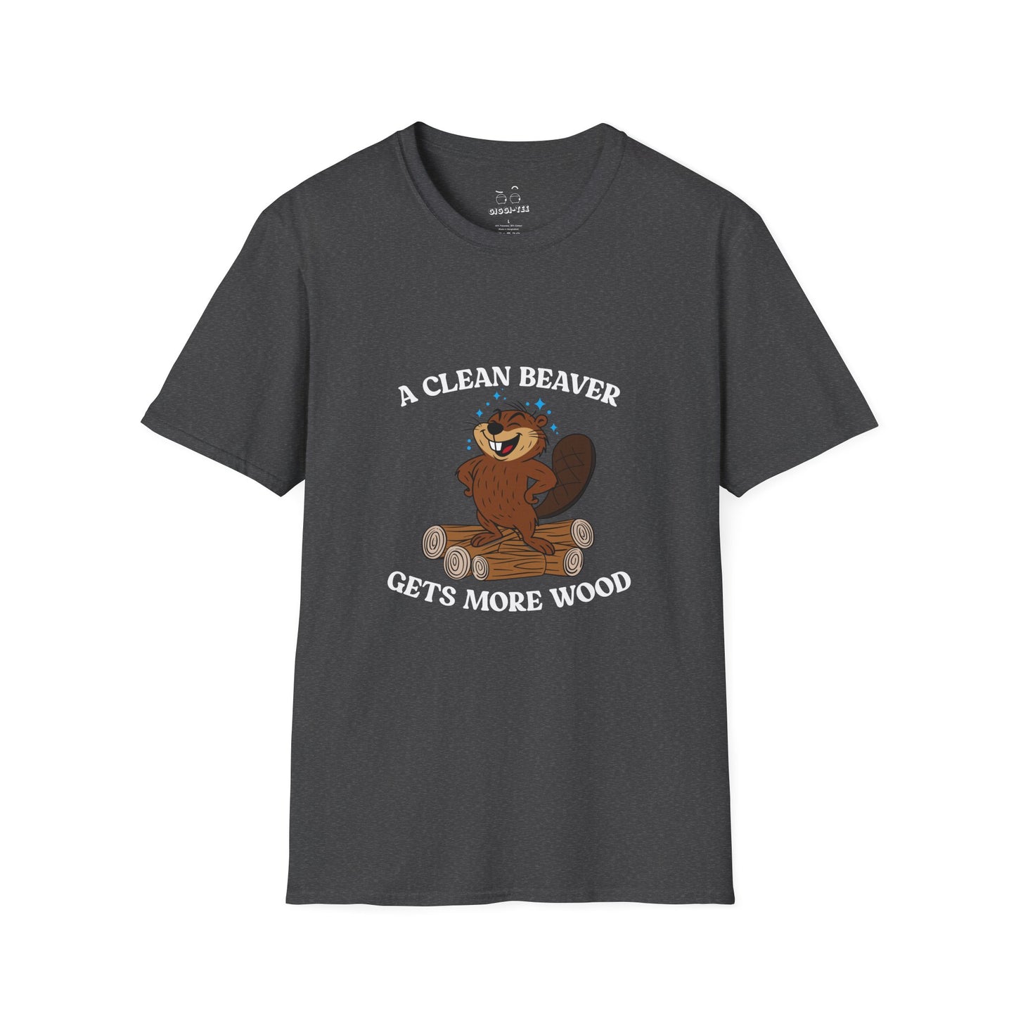 Clean cartoon beaver standing proudly on a pile of wood logs with a confident pose and humorous pun a clean beaver gets more wood shirt