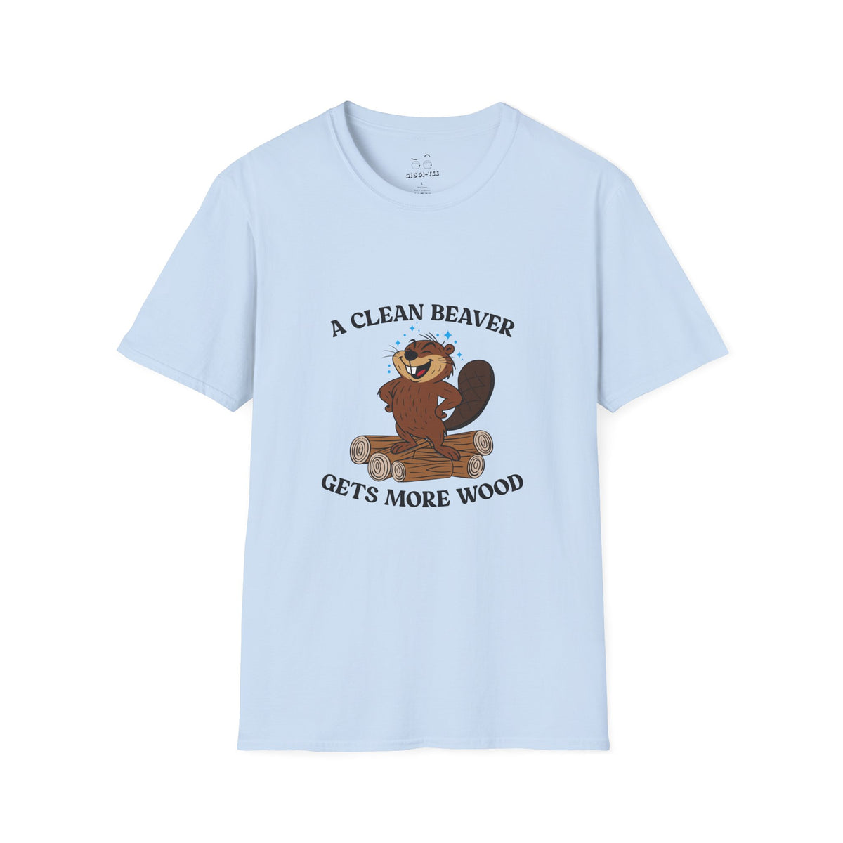 Clean cartoon beaver standing proudly on a pile of wood logs with a confident pose and humorous pun a clean beaver gets more wood long sleeve shirt