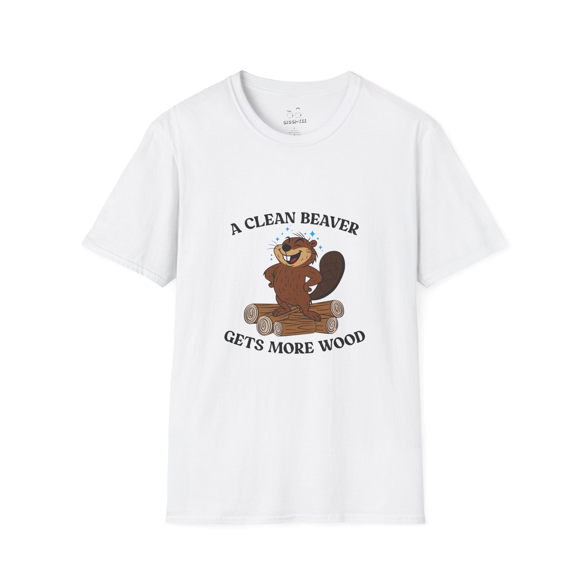 Clean cartoon beaver standing proudly on a pile of wood logs with a confident pose and humorous pun a clean beaver gets more wood shirt