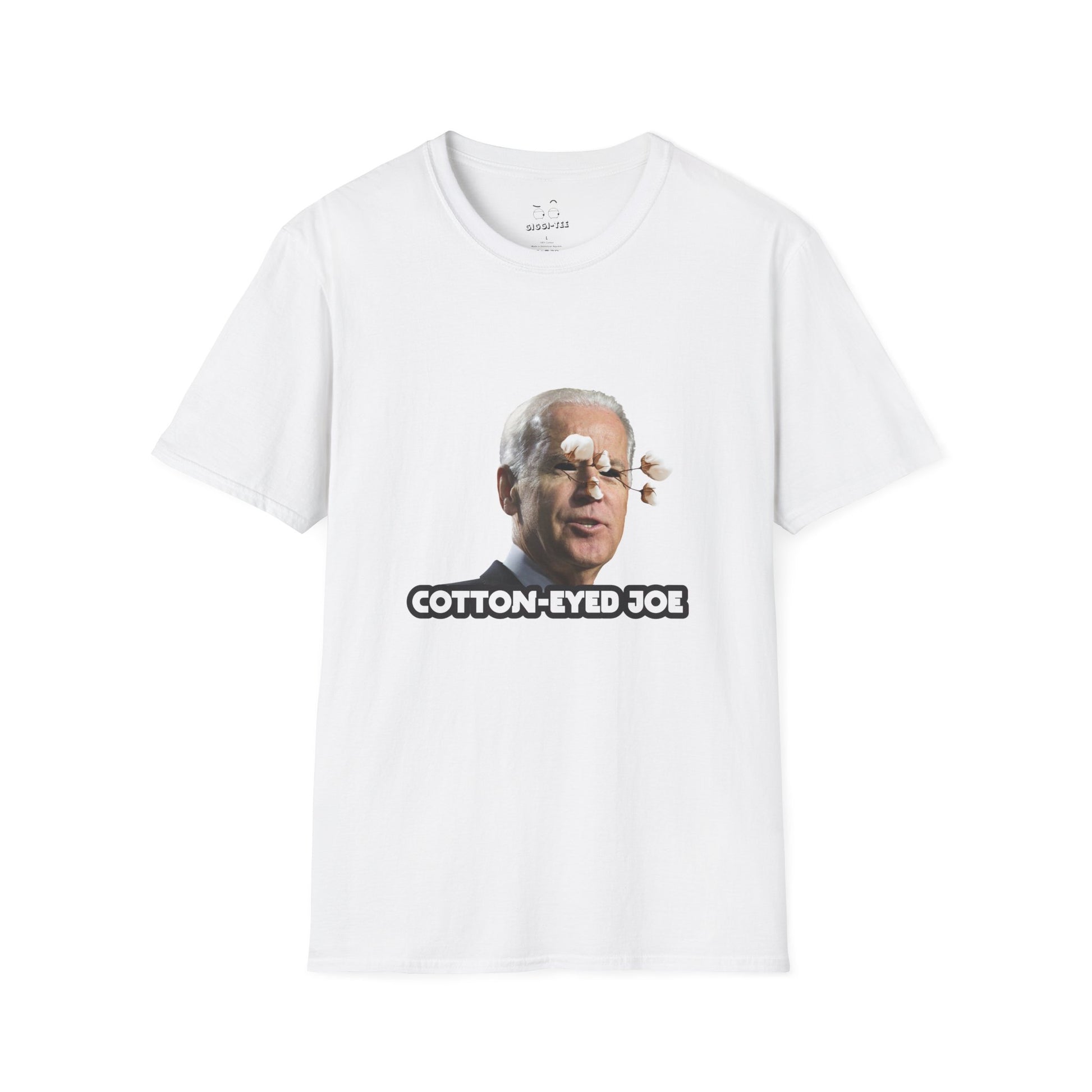Joe Biden parody with cotton balls coming out of his eyes — funny “Cotton Eyed Joe” pun shirt blending politics and absurd humor