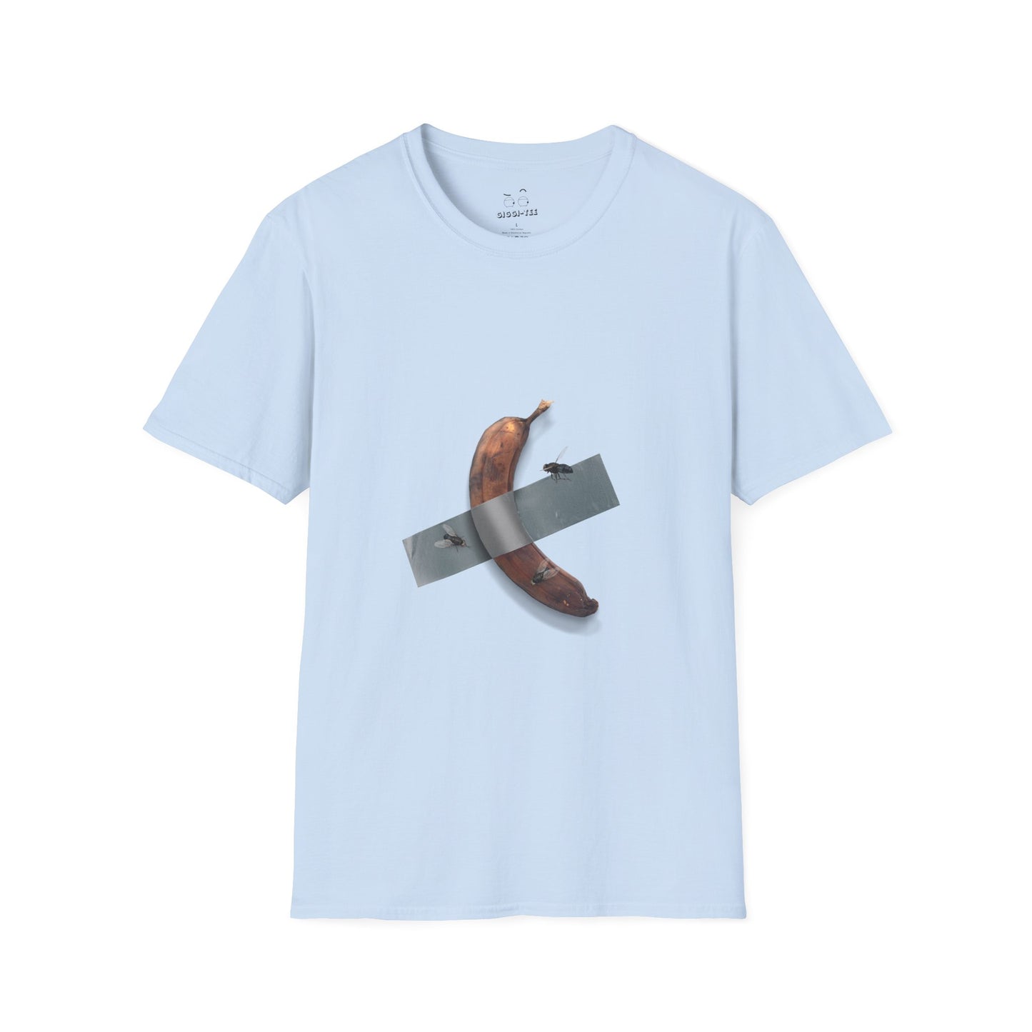 Decomedian shirt parody of the banana taped to a wall artwork, featuring a rotten banana with flies
