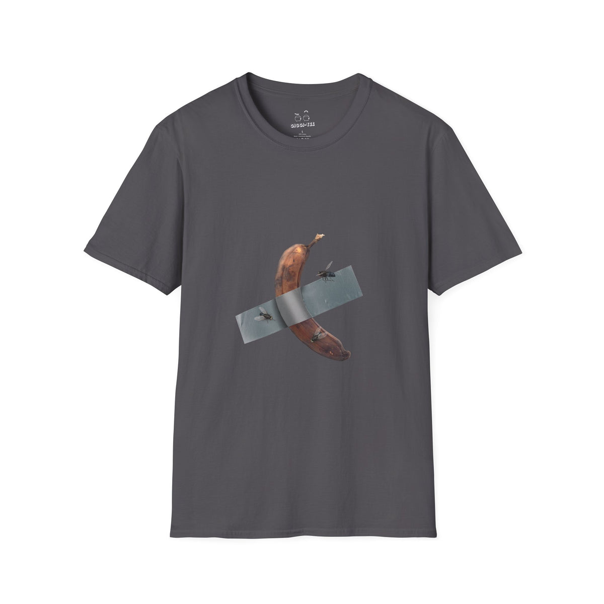 Decomedian shirt parody of the banana taped to a wall artwork, featuring a rotten banana with flies