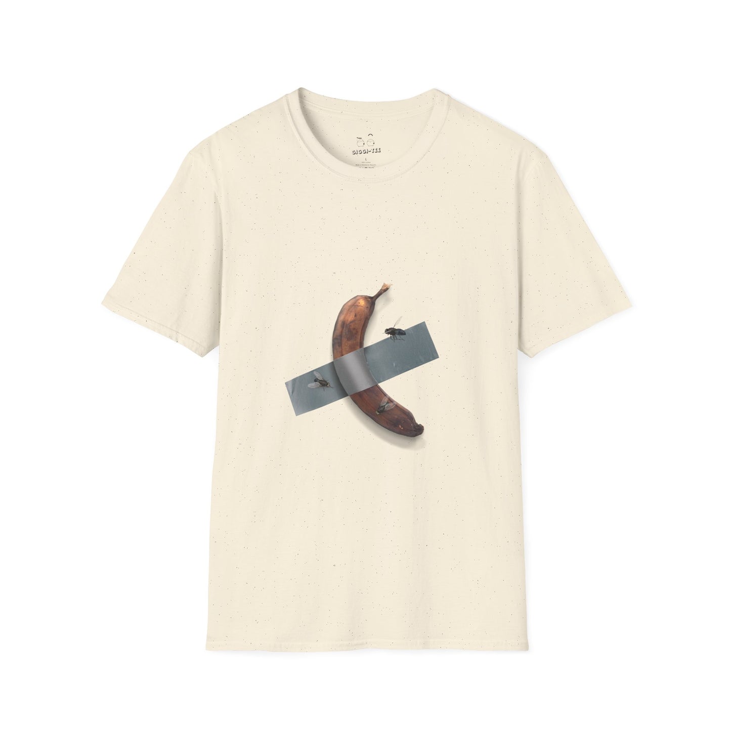 Decomedian shirt parody of the banana taped to a wall artwork, featuring a rotten banana with flies