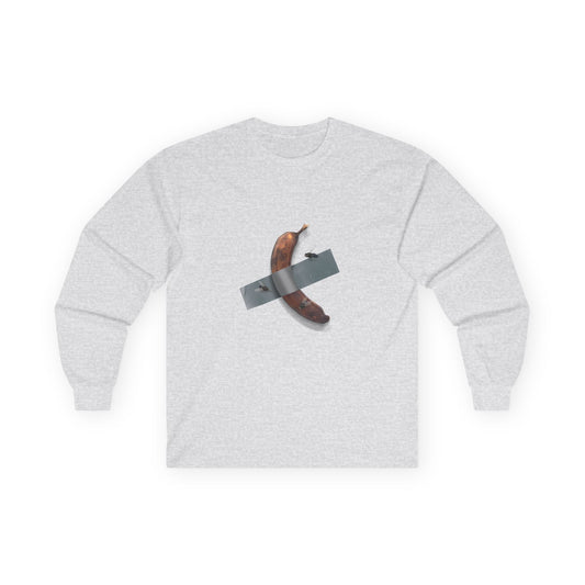 Decomedian shirt parody of the banana taped to a wall artwork, featuring a rotten banana with flies