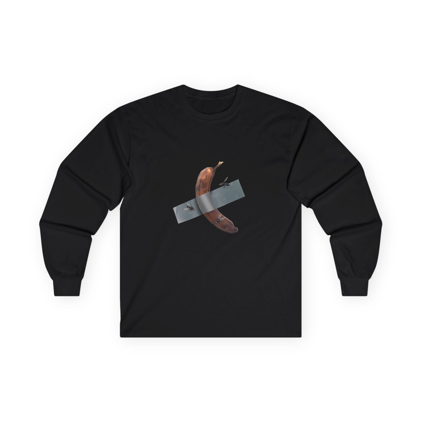 Decomedian shirt parody of the banana taped to a wall artwork, featuring a rotten banana with flies