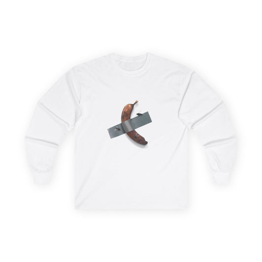 Decomedian shirt parody of the banana taped to a wall artwork, featuring a rotten banana with flies