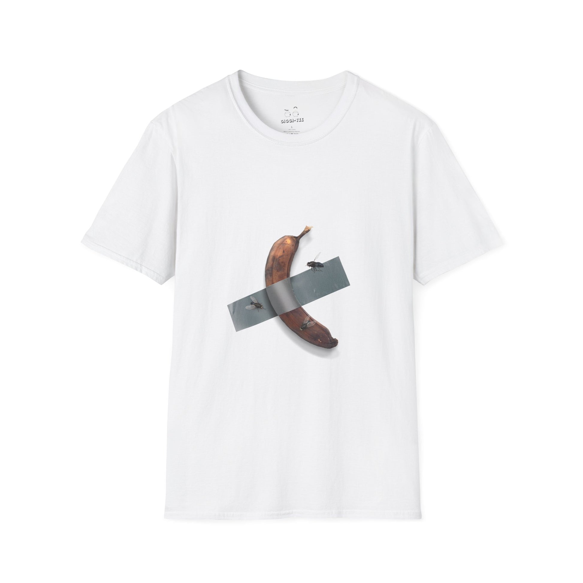 Decomedian shirt parody of the banana taped to a wall artwork, featuring a rotten banana with flies