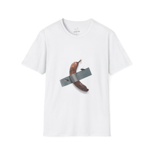 Decomedian shirt parody of the banana taped to a wall artwork, featuring a rotten banana with flies