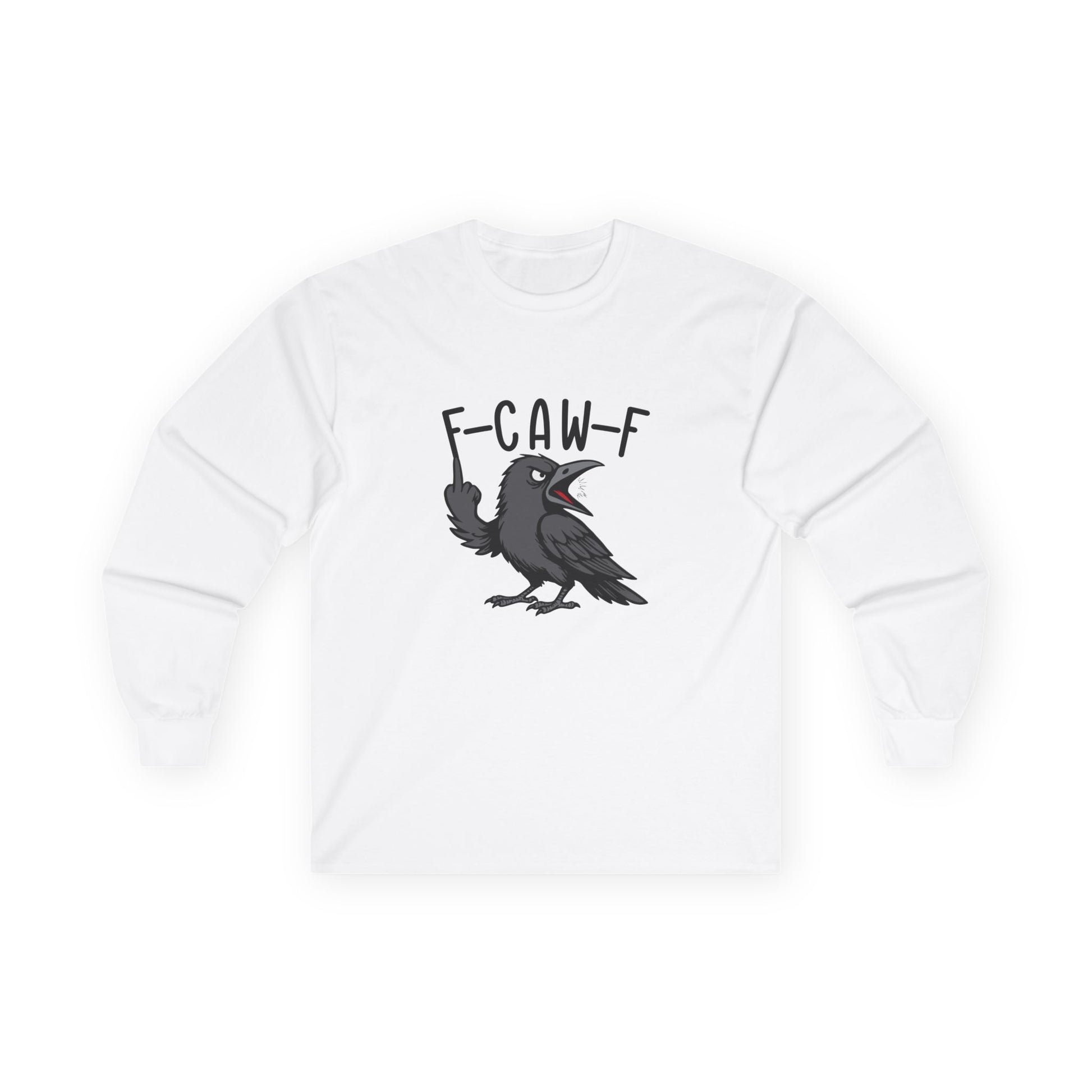 Black crow with attitude on shirt, text reading ‘F Caw F’ in bold letters