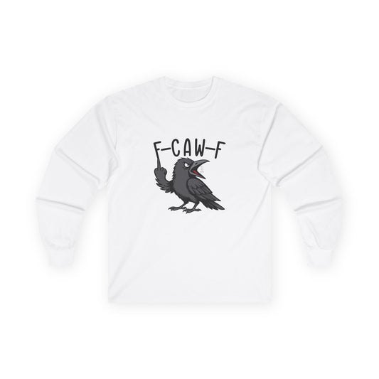 Black crow with attitude on shirt, text reading ‘F Caw F’ in bold letters
