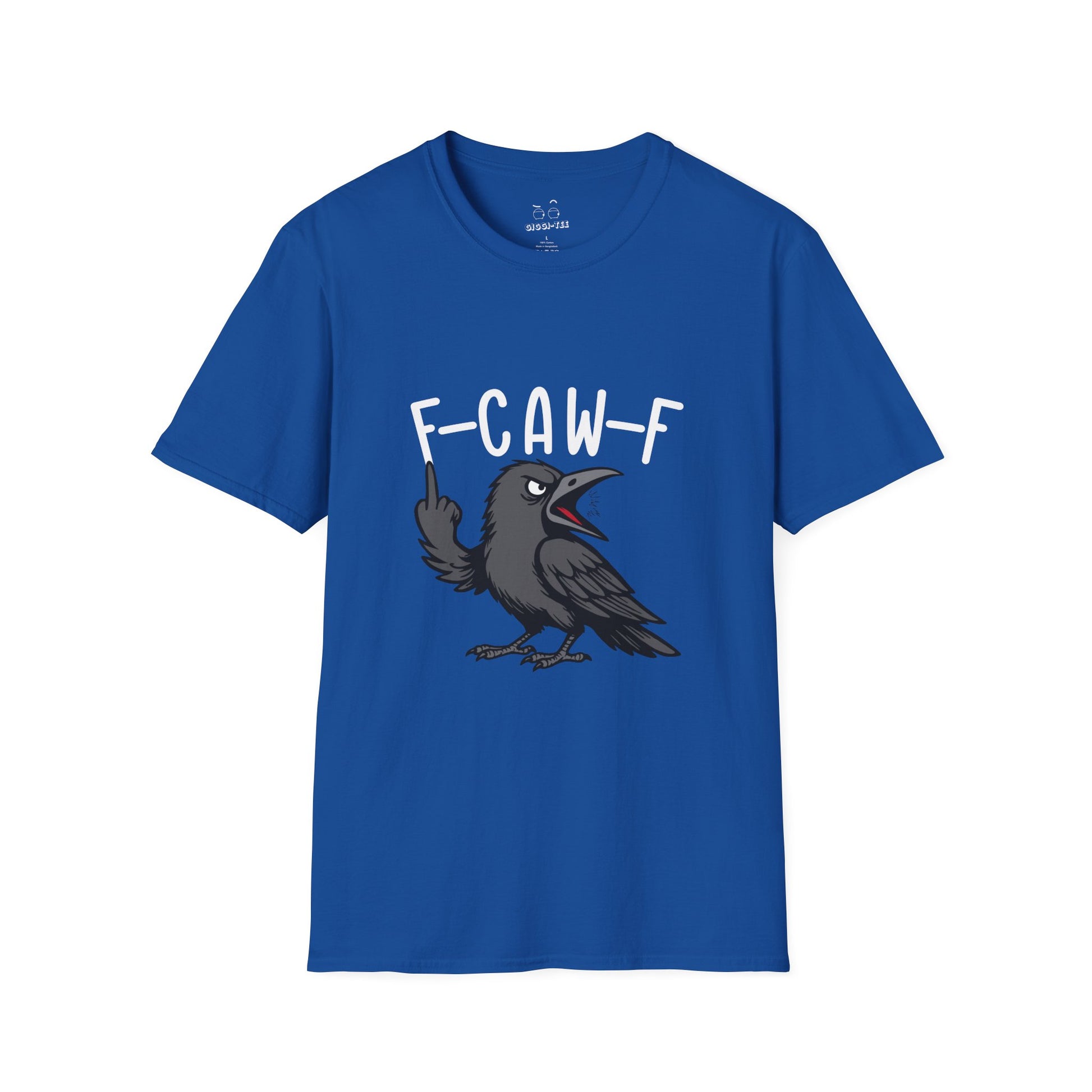 Black crow with attitude on shirt, text reading ‘F Caw F’ in bold letters