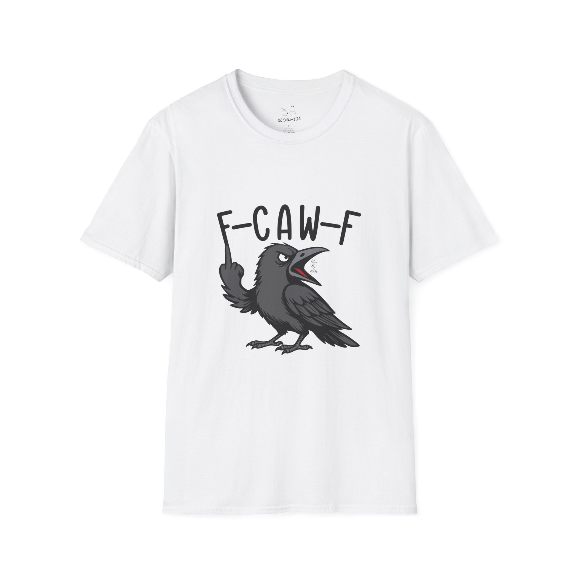Black crow with attitude on shirt, text reading ‘F Caw F’ in bold letters