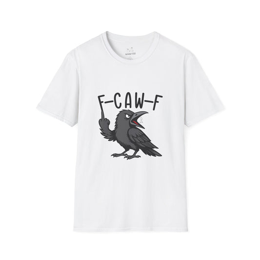 Black crow with attitude on shirt, text reading ‘F Caw F’ in bold letters