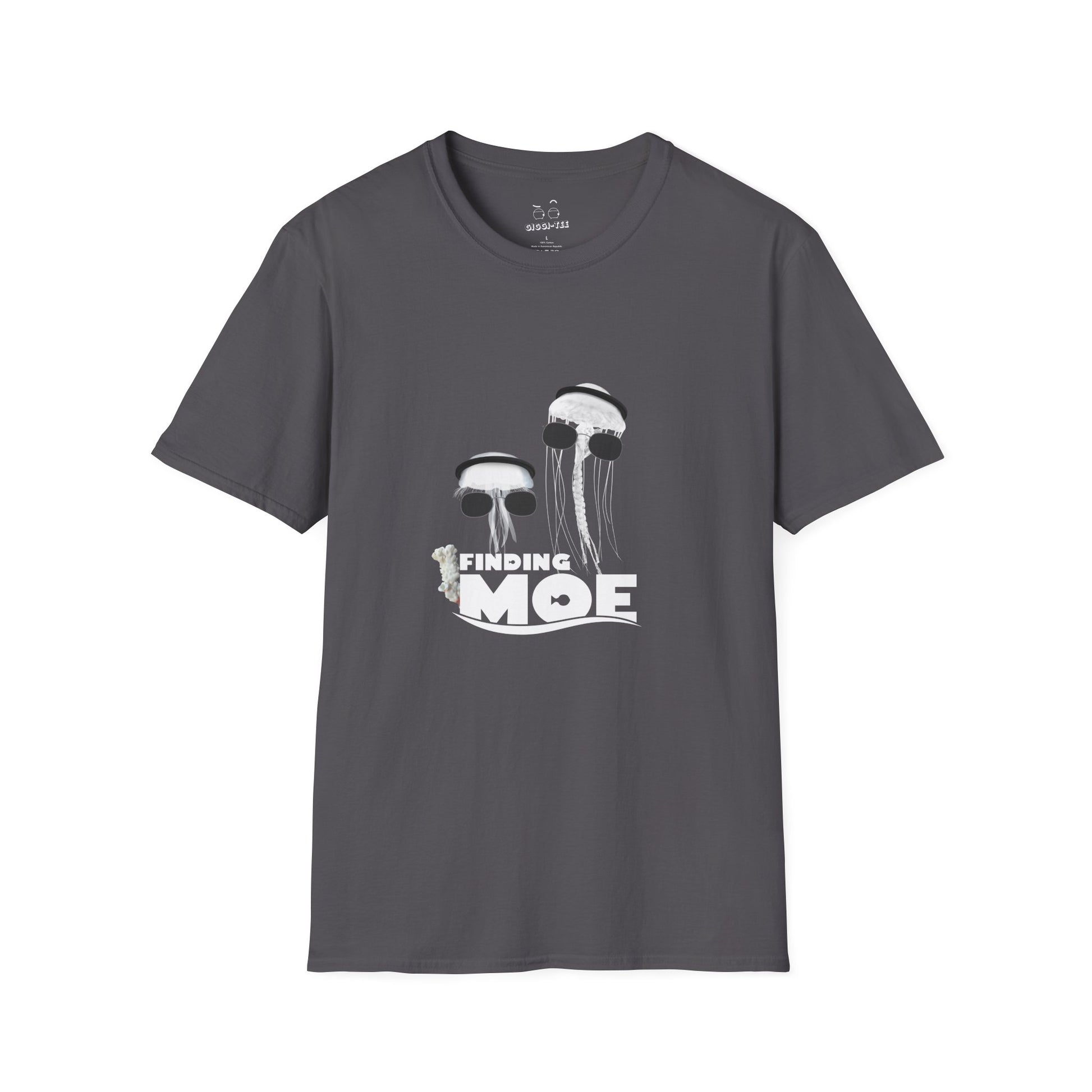 Finding Moe t-shirt parody of Finding Nemo with two jellyfish, one in agal and one in sunglasses, Gulf culture humor shirt.