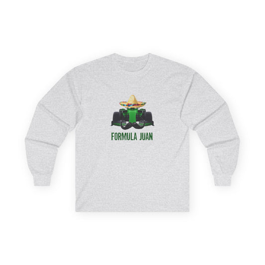 Formula Juan parody long sleeve shirt with a green Formula One race car wearing a sombrero with a Mexican mustache
