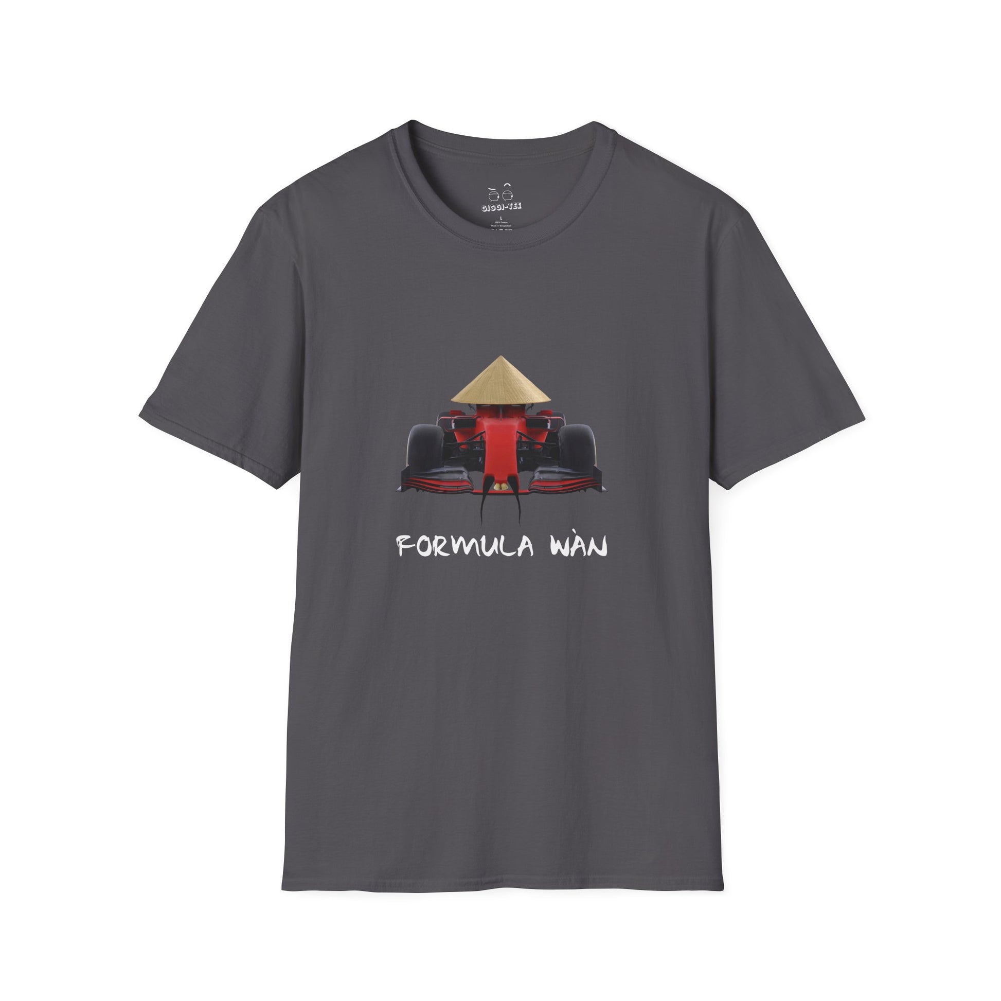 Formula Wan parody shirt design of a red Formula One race car wearing a rice hat with a Chinese mustache and buck teeth