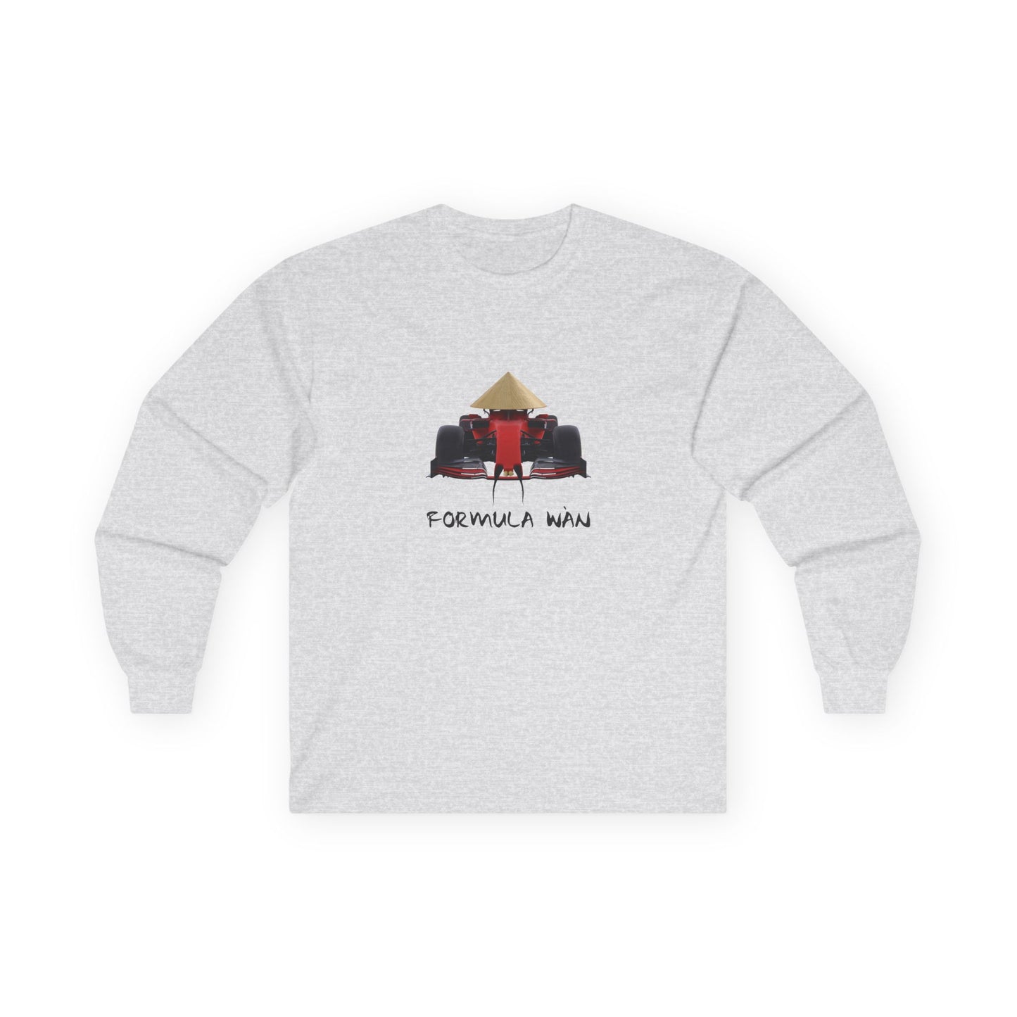 Formula Wan parody long sleeve shirt design of a red Formula One race car wearing a rice hat with a Chinese mustache and buck teeth
