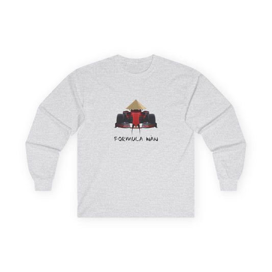 Formula Wan parody long sleeve shirt design of a red Formula One race car wearing a rice hat with a Chinese mustache and buck teeth