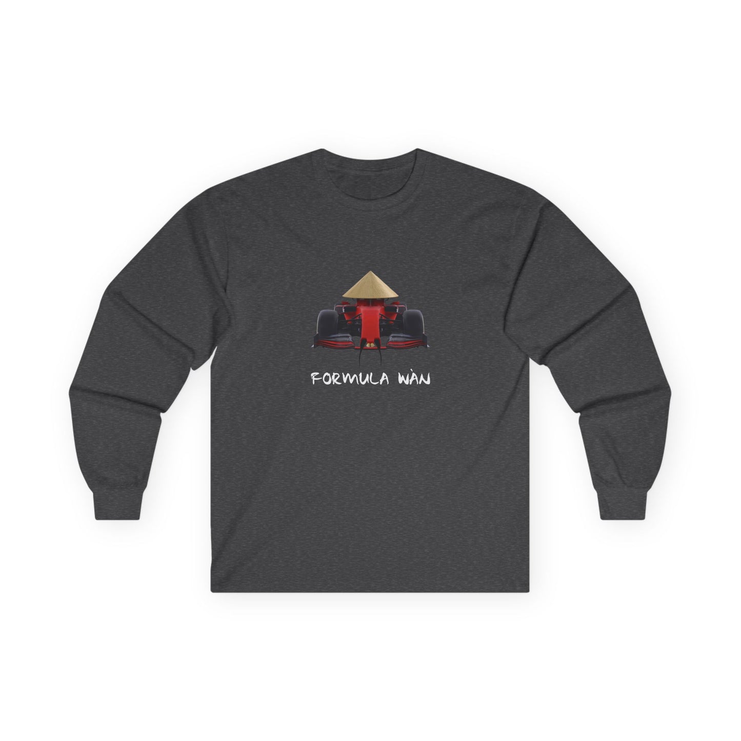 Formula Wan parody long sleeve shirt design of a red Formula One race car wearing a rice hat with a Chinese mustache and buck teeth