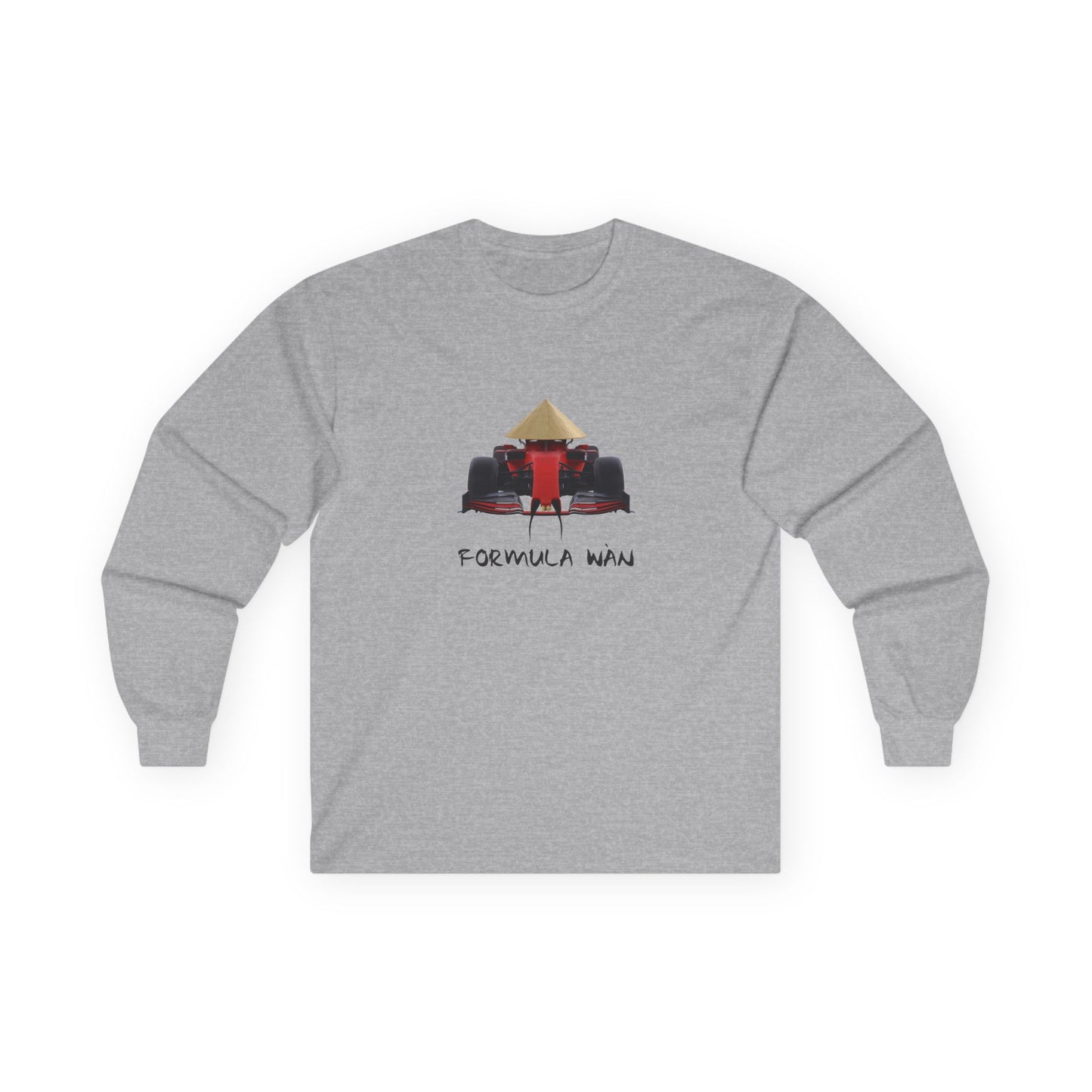 Formula Wan parody long sleeve shirt design of a red Formula One race car wearing a rice hat with a Chinese mustache and buck teeth