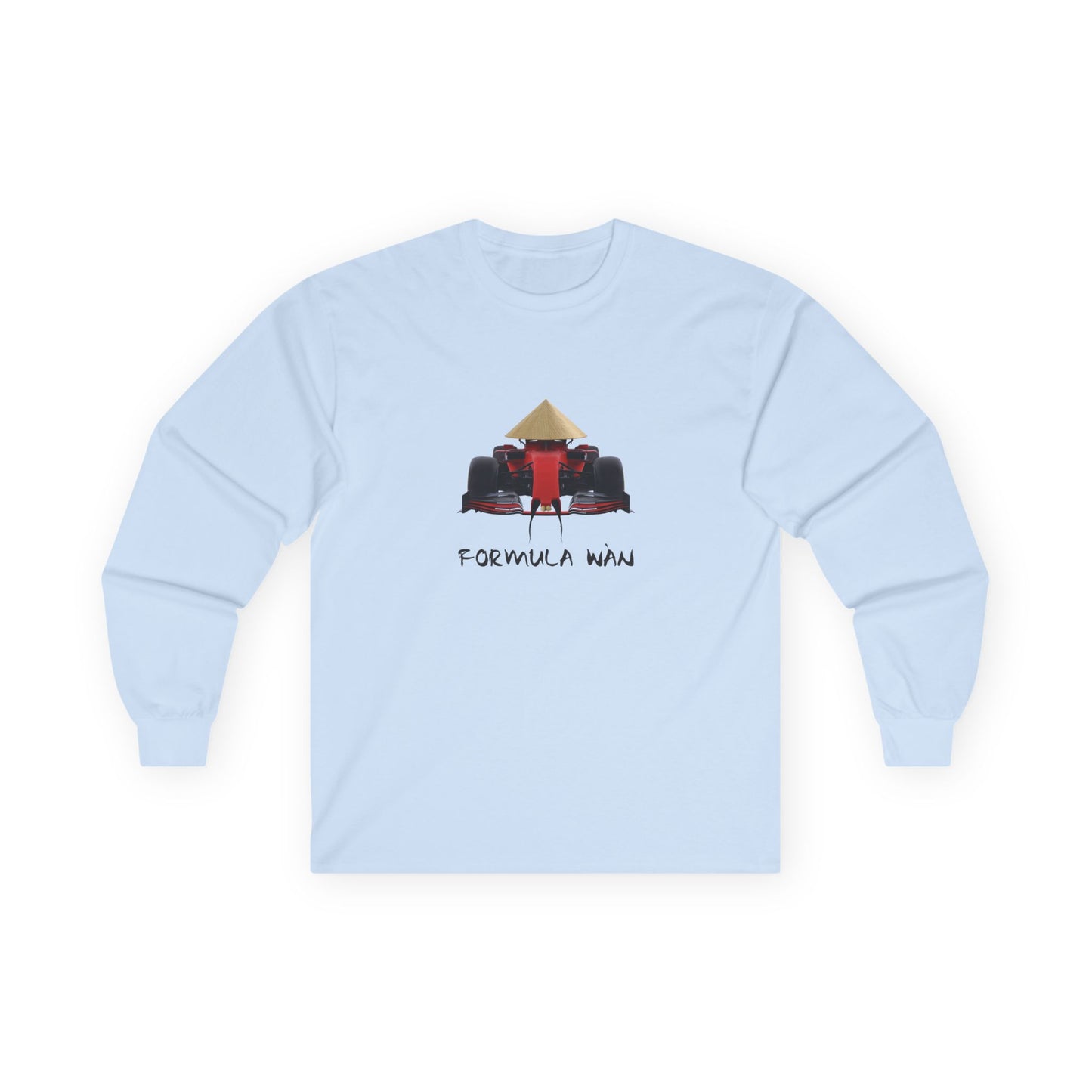 Formula Wan parody long sleeve shirt design of a red Formula One race car wearing a rice hat with a Chinese mustache and buck teeth