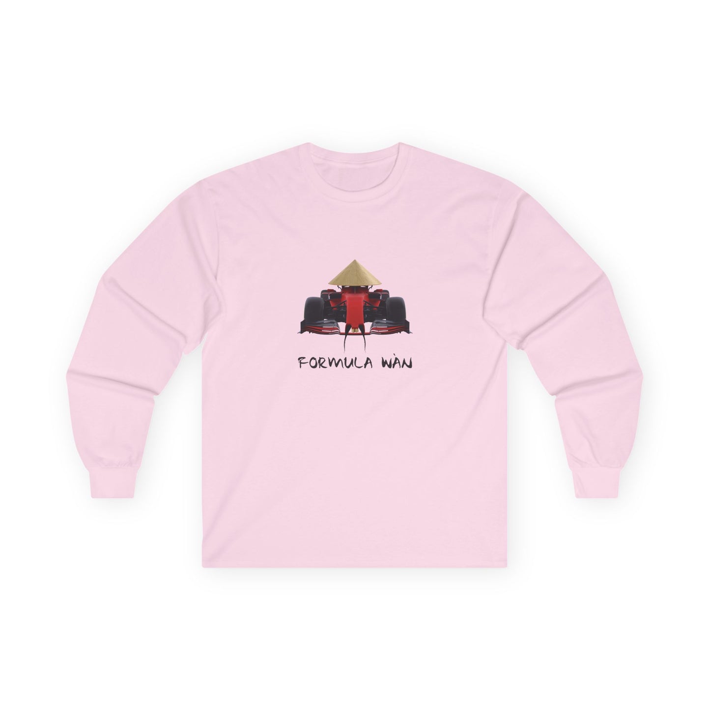 Formula Wan parody long sleeve shirt design of a red Formula One race car wearing a rice hat with a Chinese mustache and buck teeth