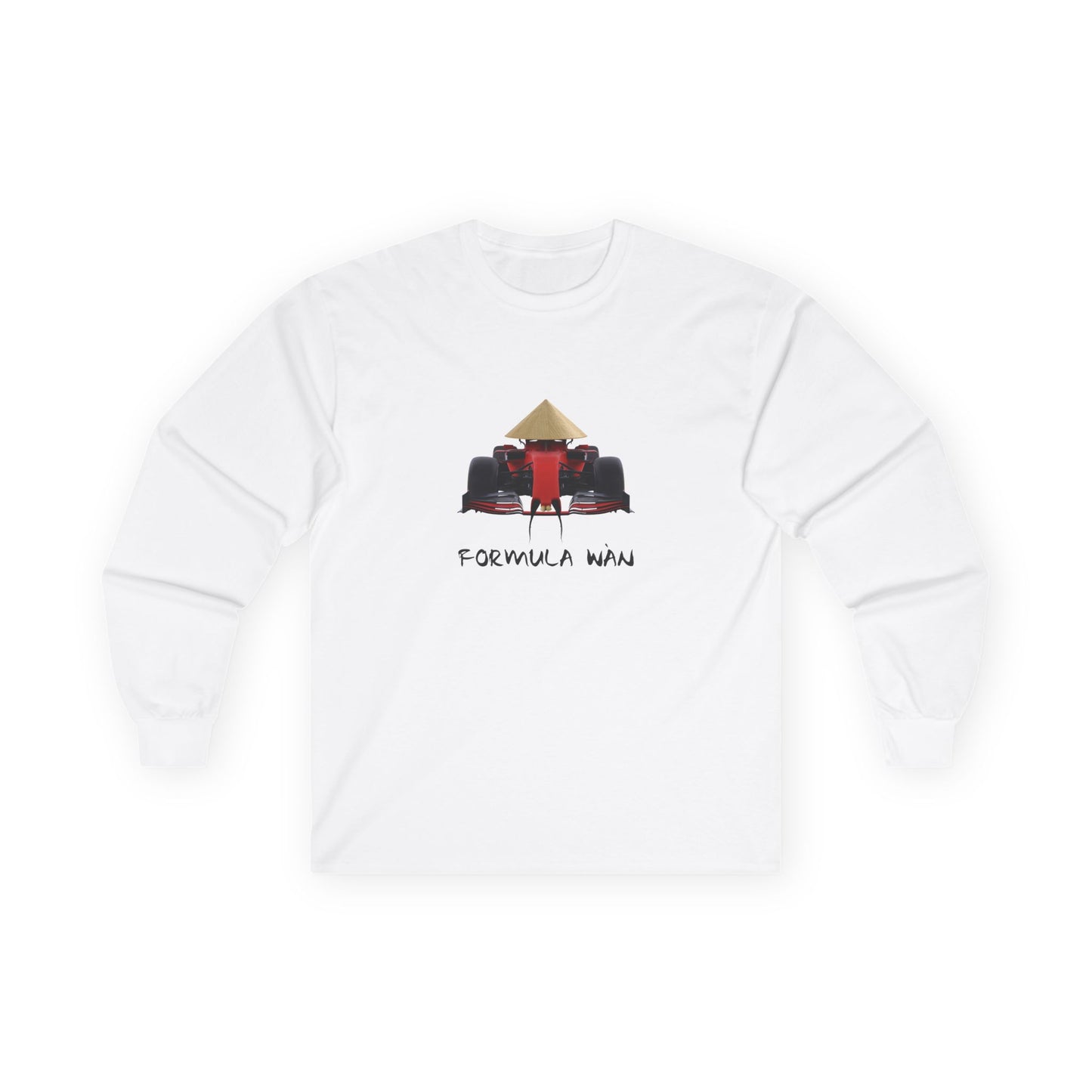 Formula Wan parody long sleeve shirt design of a red Formula One race car wearing a rice hat with a Chinese mustache and buck teeth