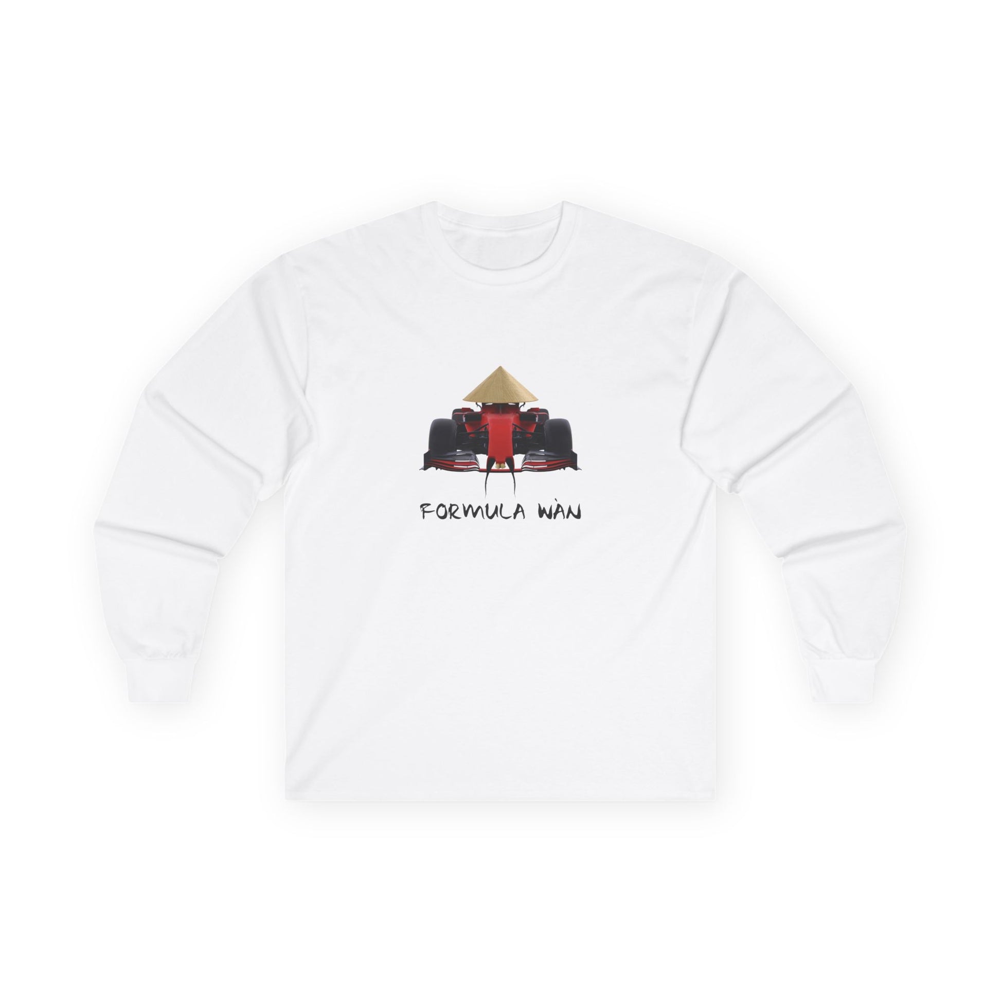 Formula Wan parody long sleeve shirt design of a red Formula One race car wearing a rice hat with a Chinese mustache and buck teeth