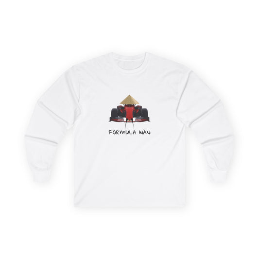 Formula Wan parody long sleeve shirt design of a red Formula One race car wearing a rice hat with a Chinese mustache and buck teeth