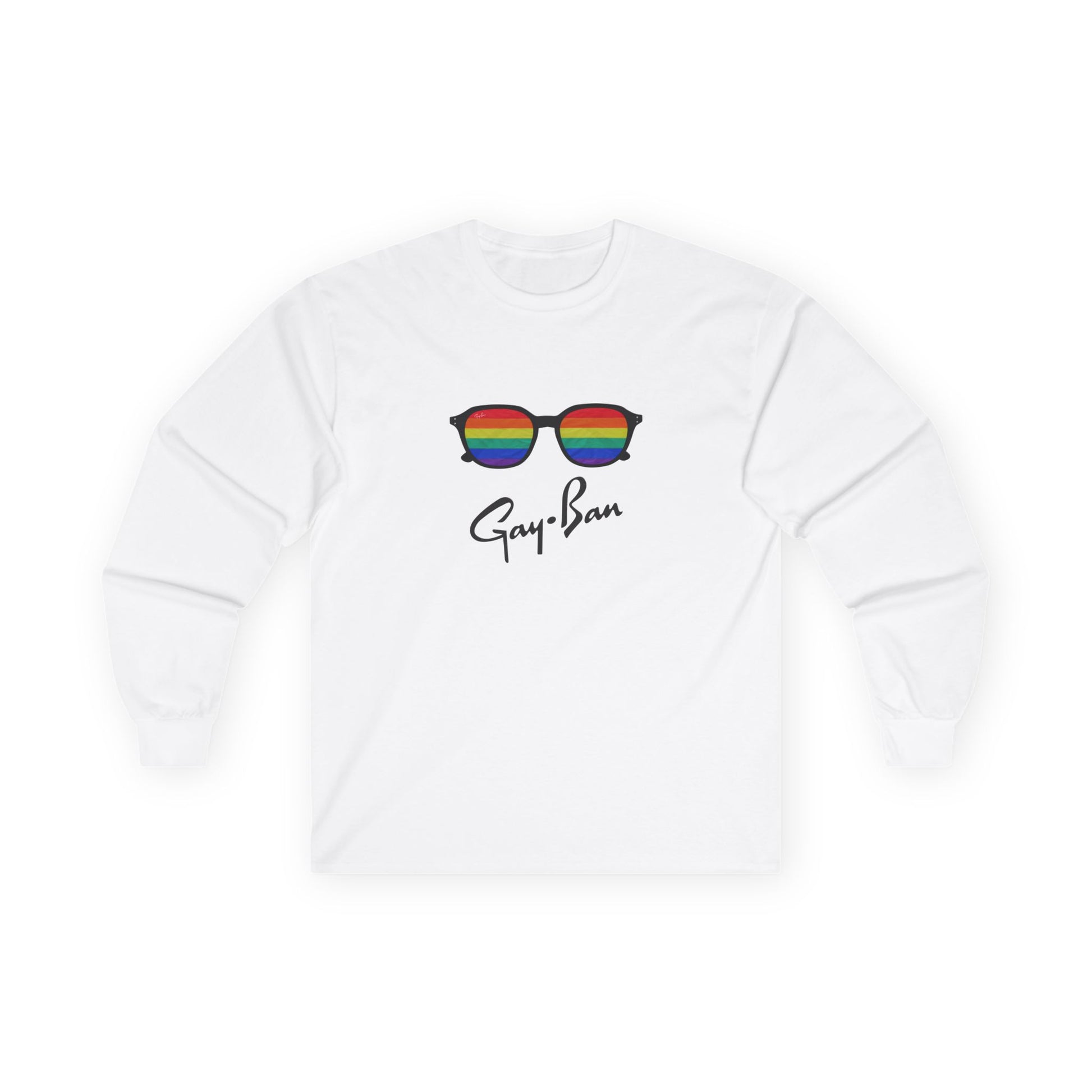 Satirical ‘Gay-Ban’ t-shirt parodying the Ray-Ban logo with colorful sunglasses design, mixing bold humor and brand satire