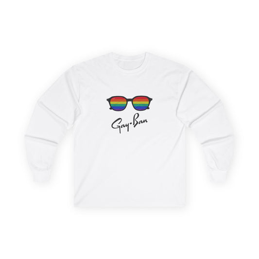 Satirical ‘Gay-Ban’ t-shirt parodying the Ray-Ban logo with colorful sunglasses design, mixing bold humor and brand satire