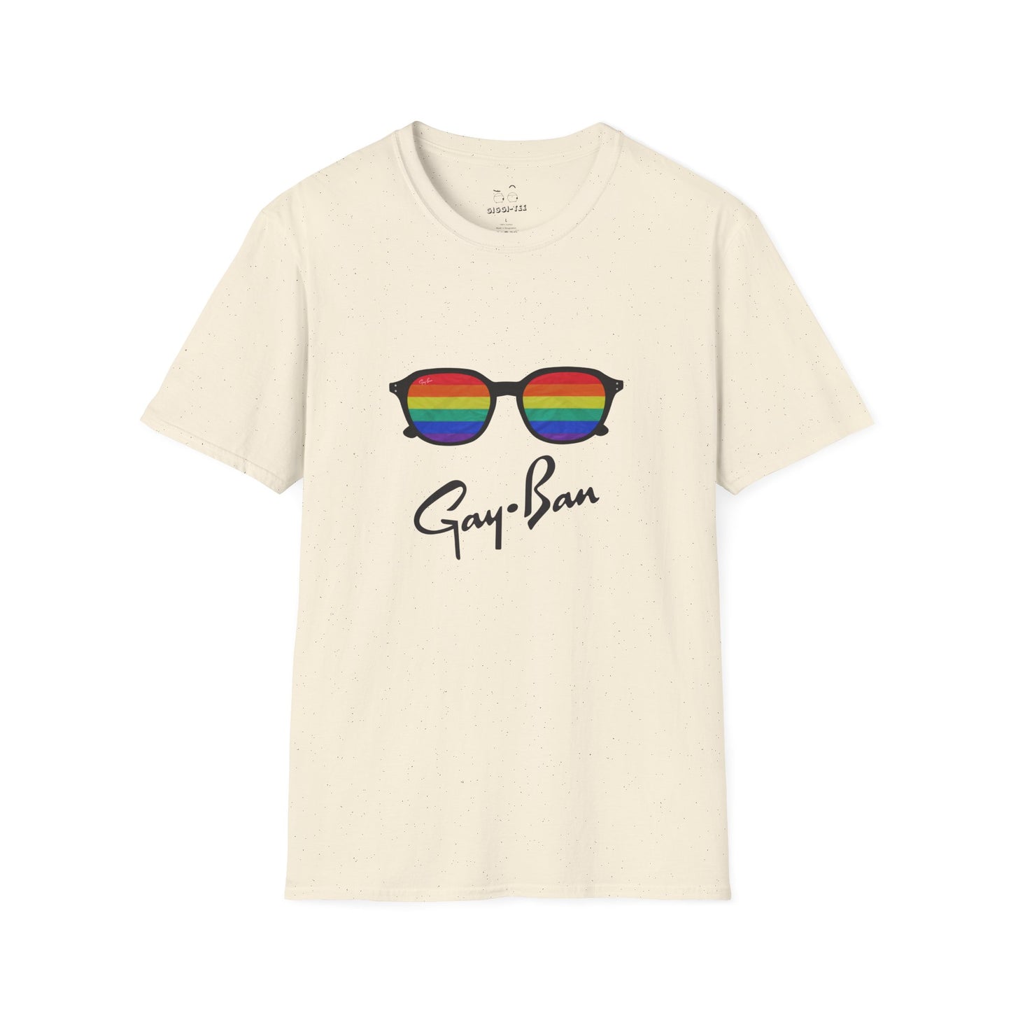 Satirical ‘Gay-Ban’ t-shirt parodying the Ray-Ban logo with colorful sunglasses design, mixing bold humor and brand satire