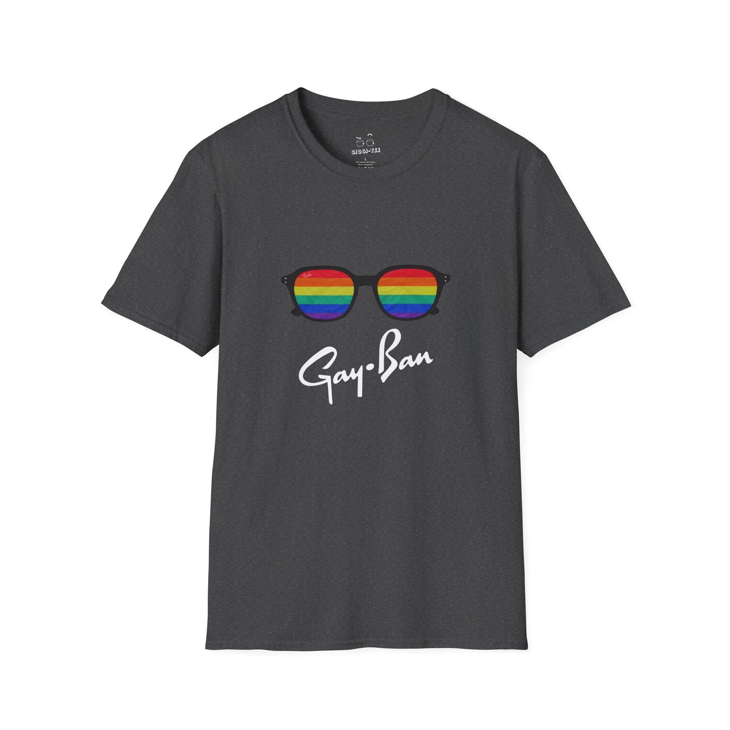 Satirical ‘Gay-Ban’ t-shirt parodying the Ray-Ban logo with colorful sunglasses design, mixing bold humor and brand satire