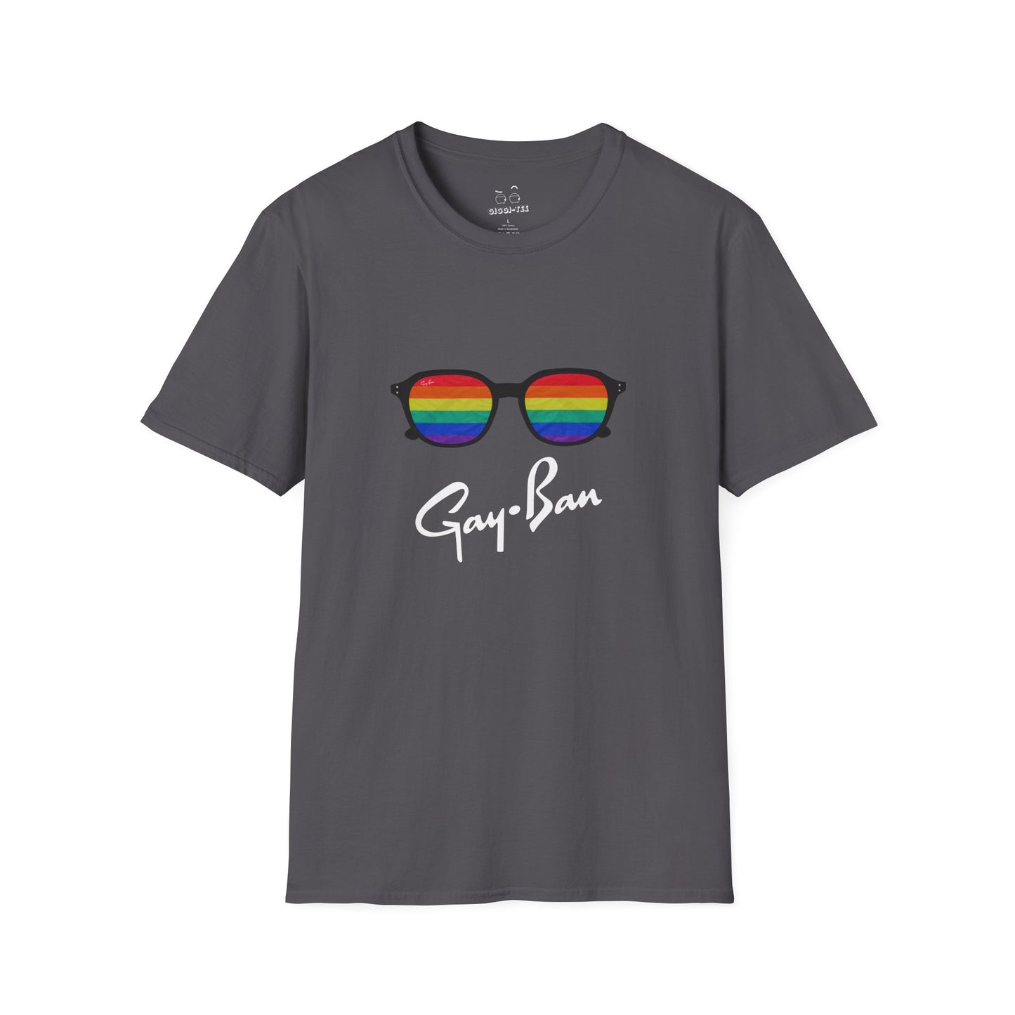 Satirical ‘Gay-Ban’ t-shirt parodying the Ray-Ban logo with colorful sunglasses design, mixing bold humor and brand satire