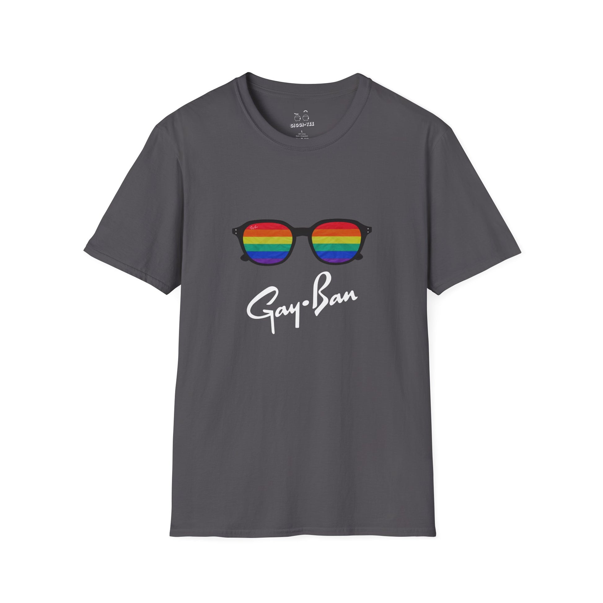 Satirical ‘Gay-Ban’ t-shirt parodying the Ray-Ban logo with colorful sunglasses design, mixing bold humor and brand satire