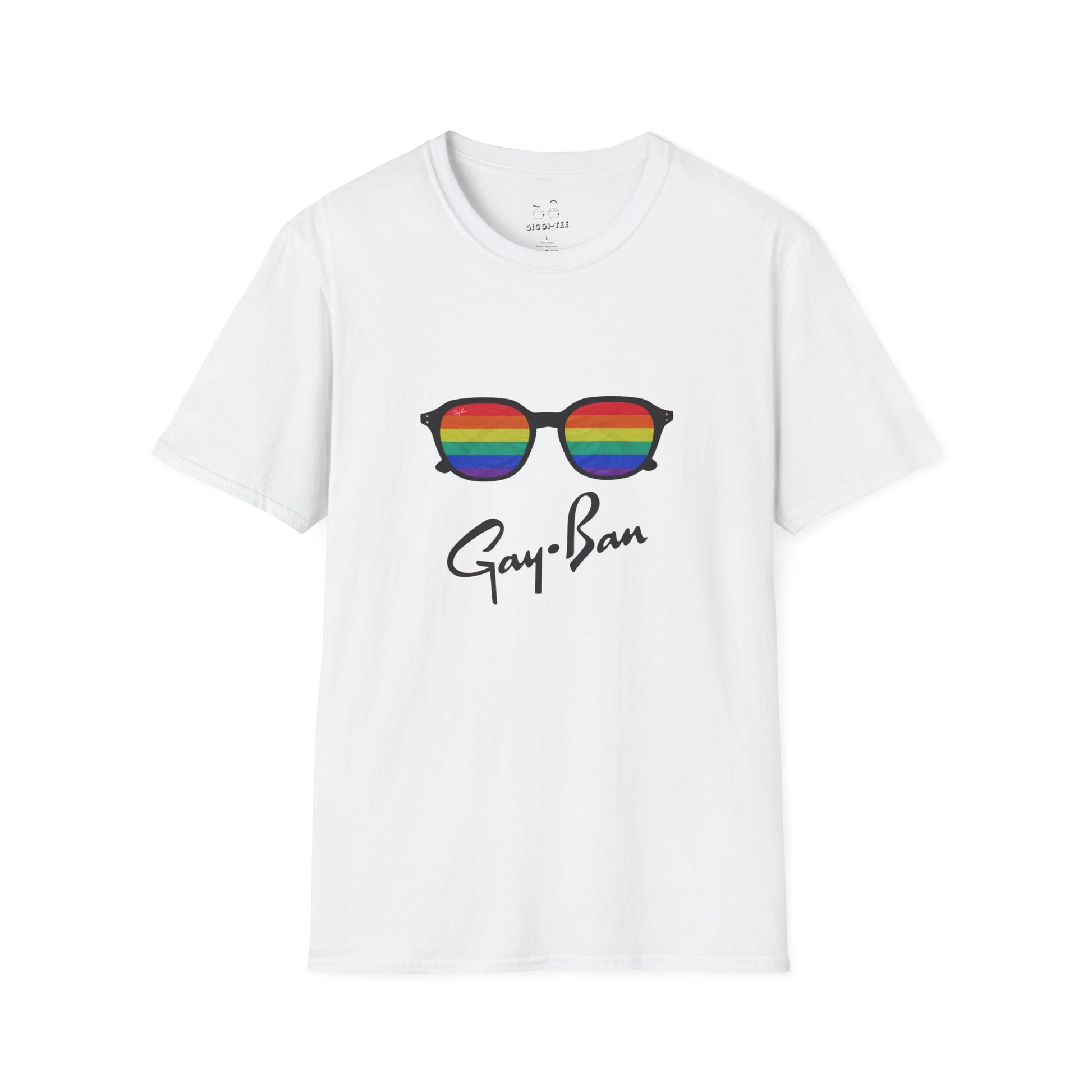 Satirical ‘Gay-Ban’ t-shirt parodying the Ray-Ban logo with colorful sunglasses design, mixing bold humor and brand satire