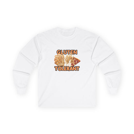 Gluten Tolerant t-shirt featuring wheat, bread, and pizza illustration