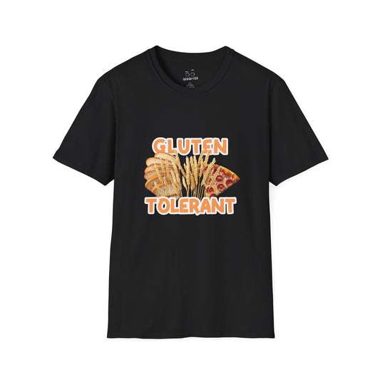 Gluten Tolerant t-shirt featuring wheat, bread, and pizza illustration